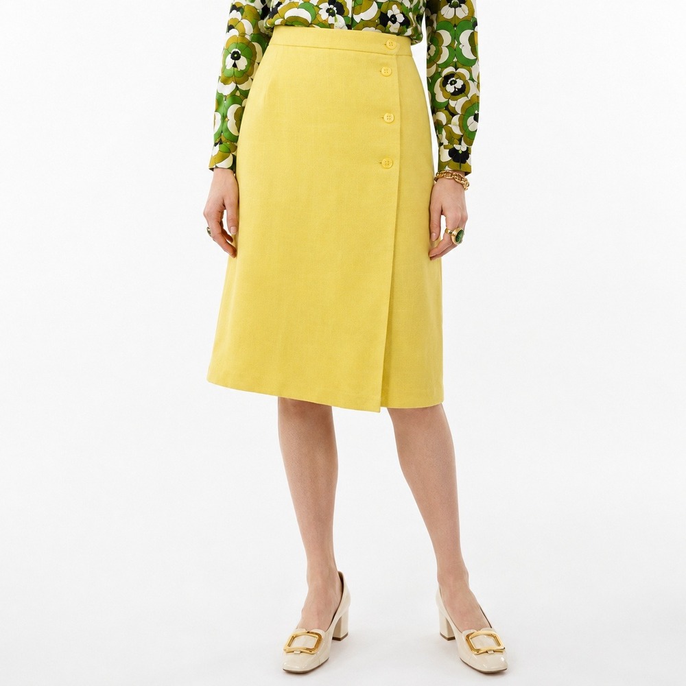 70s Vintage Button Side Wrap Midi Skirt Womens S Pastel Yellow High Waisted Mod